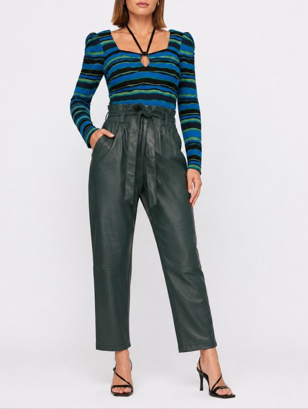 Love, Whit by Whitney Port Green Faux Leather Paperbag Pants